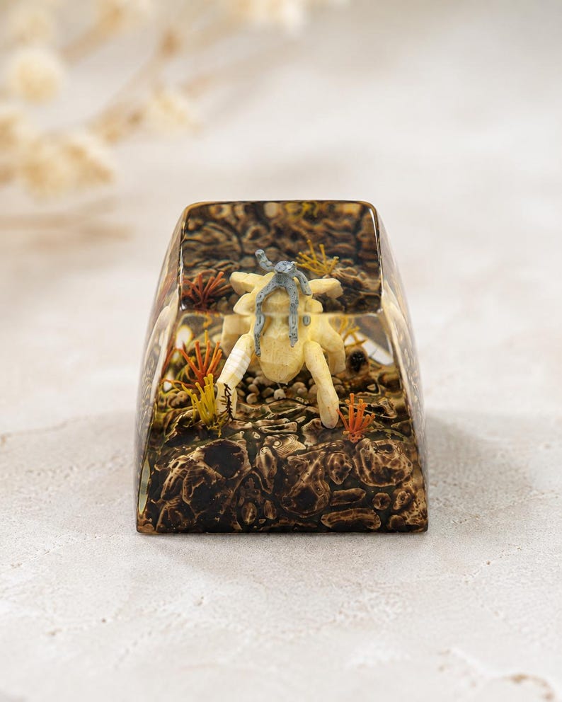 May include: A clear resin mechanical keyboard keycap featuring an encapsulated miniature scene of a pale, multi-legged creature with a grey top sitting on a textured, dark brown rocky terrain with small orange and yellow plant-like structures.