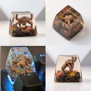 May include: A clear resin mechanical keyboard keycap featuring a miniature brown crab sculpture resting on a dark rocky base with small yellow and orange tufts of grass. The crab is positioned inside the transparent block, visible from all sides.