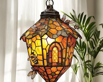 Honey Bee Lantern Suncatcher, Faux Stained Glass Beehive Window Decor
