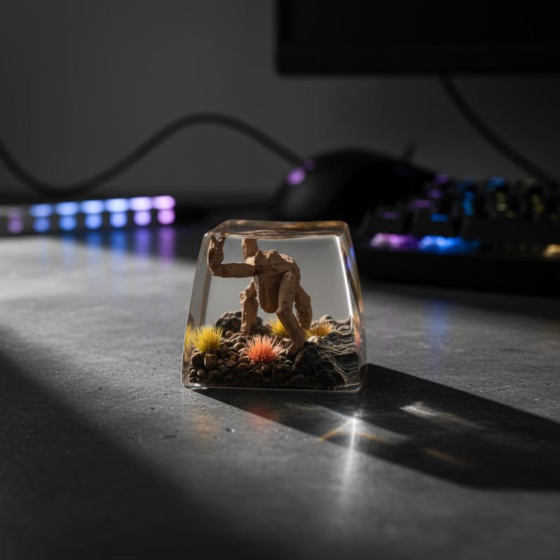 May include: A clear resin mechanical keyboard keycap featuring an encapsulated miniature brown creature standing on a rocky base with small yellow and orange tufts of grass. The keycap has a smooth, transparent finish and a square, tapered shape.