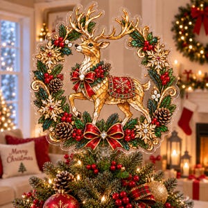 May include: A clear acrylic Christmas tree topper featuring a detailed illustration of a reindeer standing within a circular wreath. The wreath is decorated with green pine needles, brown pinecones, red berries, gold snowflakes, and red bows.