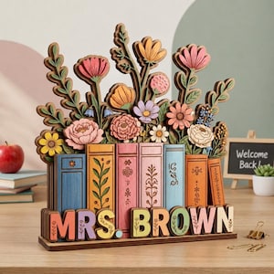 Personalized Teacher Gift Floral Book Stack Decor Custom Name Wooden Classroom Desk Sign Appreciation Gift, Back To School Gift 2026
