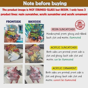 May include: An informational graphic displaying three product types: a resin suncatcher with a dragon on books, an acrylic suncatcher with mushrooms, and an acrylic ornament with a pig. Text details material differences and illumination properties.