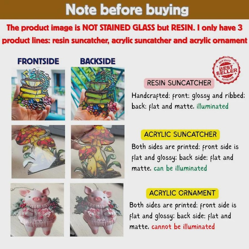 May include: An informational graphic displaying three product types: a resin suncatcher with a dragon on books, an acrylic suncatcher with mushrooms, and an acrylic ornament with a pig. Text details material differences and illumination properties.