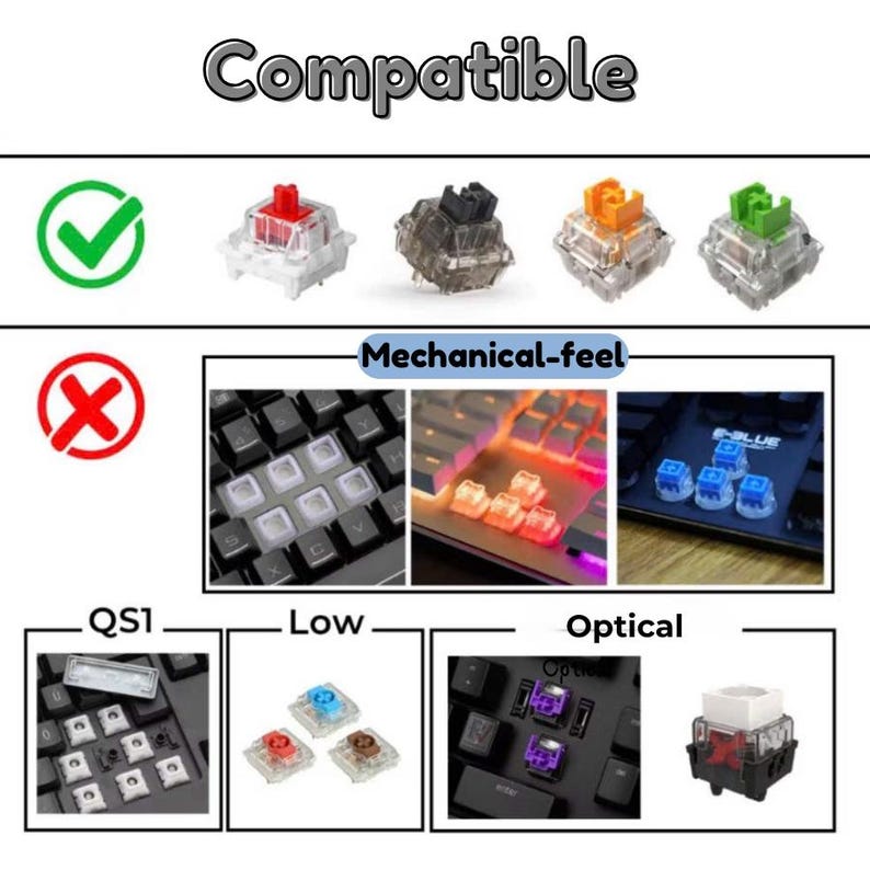 May include: A compatibility chart for mechanical keyboard switches. The top row shows red, black, orange, and green switches marked with a green checkmark. Below, sections labeled Mechanical-feel, QS1, Low, and Optical show incompatible switch types.
