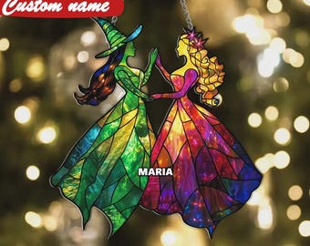 Wicked Witch Duo Faux Stained Glass Suncatcher – Elphaba And Glinda Acrylic Window Hanging Gift For Oz Fans