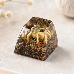 May include: A clear resin mechanical keyboard keycap featuring an encapsulated miniature scene of a pale, multi-legged creature resembling a crab resting on a textured, dark brown rocky terrain with small, thin orange and yellow plant-like accents.