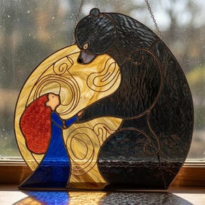 May include: A circular stained glass suncatcher featuring a large black bear and a figure with long red hair wearing a blue dress. The background consists of swirling yellow glass, and the entire piece is held together by dark metal cames.