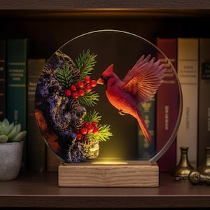 Majestic Cardinal LED-Nachtlicht, Einzigartige Vogel Kunst Harz Lampe, Weihnachtswald Dekor, Naturliebhaber Geschenk, Tabletop Ornament