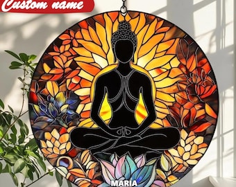 Glass Buddha Meditation Suncatcher, Stained Glass Lotus, Yoga Spiritual Decor