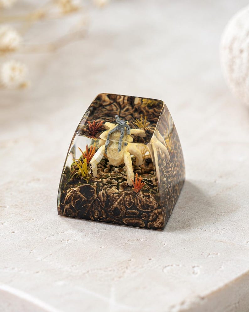May include: A clear resin mechanical keyboard keycap featuring an embedded miniature scene of a light-colored crab with a small grey figure on its back, surrounded by textured brown ground, orange and yellow aquatic plants, and rocky details.