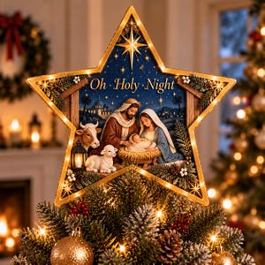 Può includere: Un puntale per albero di Natale a forma di stella che raffigura una scena della natività con le figure di un uomo, una donna, un bambino in una mangiatoia, una mucca e un agnello, con il testo Oh Holy Night e luci LED calde.