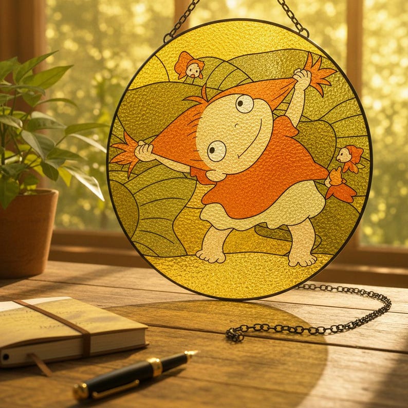 May include: A circular stained glass suncatcher featuring a cartoon character with orange hair and an orange shirt, pulling their hair outward. The design includes small orange fish figures against a yellow and green textured background with a black frame.