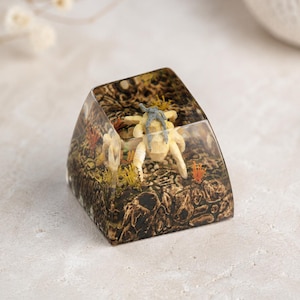 May include: A clear resin mechanical keyboard keycap featuring an embedded miniature scene of a light-colored crab with a grey shell on its back, surrounded by small orange and yellow coral-like structures set against a dark, textured seabed.