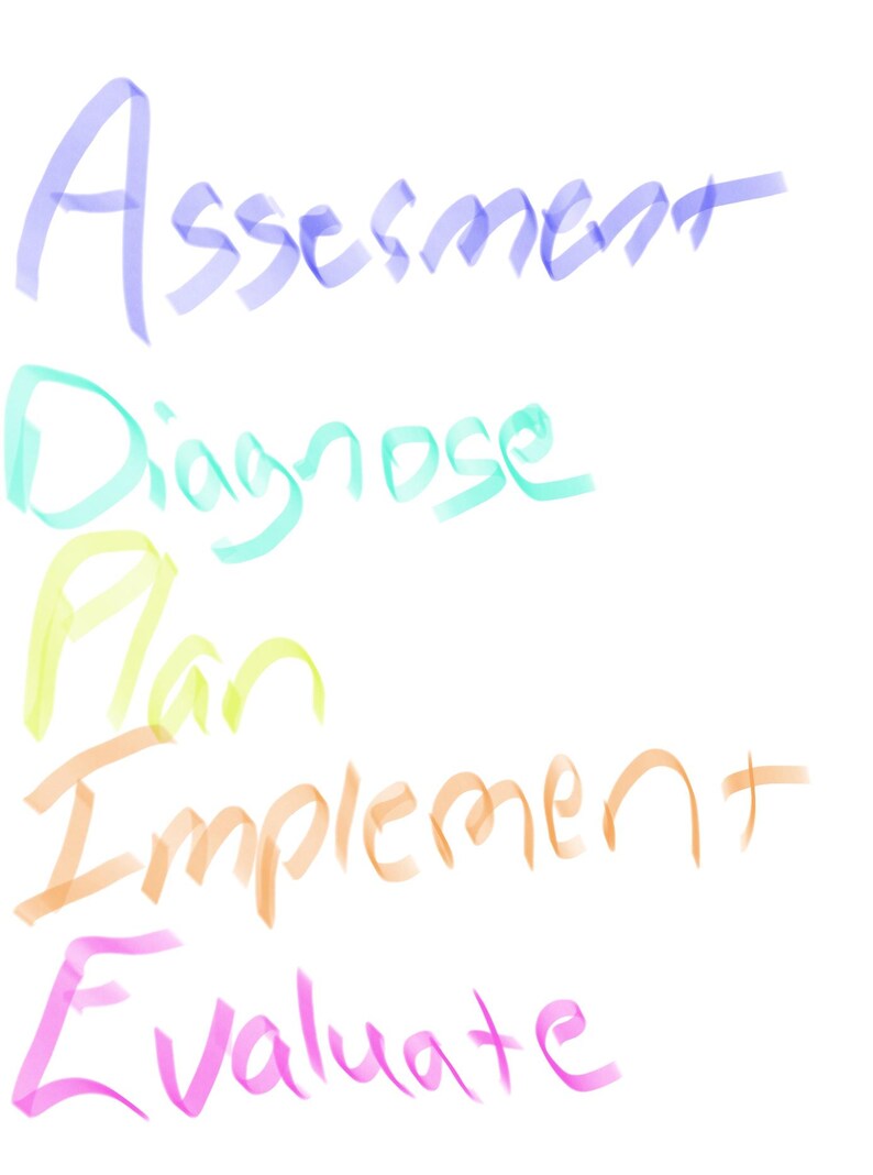 Może przedstawiać: Białe tło z napisem "Assessment, Diagnose, Plan, Implement, Evaluate" w r&oacute;żnych kolorach. Słowa są napisane kursywą, każde słowo w innym kolorze.