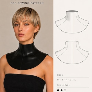 Puede incluir: Un patrón de costura en PDF para el cuello Cleo, que presenta una pieza de cuello alto negro. La imagen muestra el nombre del patrón, la marca Studio Mani D'oro, dibujos técnicos del cuello, tallas XS-XL y un nivel de dificultad medio.