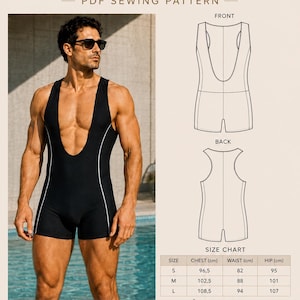 May include: A PDF sewing pattern for a one-piece swimsuit by Studio Mani D'oro. The image displays a black swimsuit with white side piping, technical line drawings of the front and back, and a size chart with measurements in centimeters.