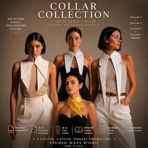 May include: A digital sewing pattern bundle titled COLLAR COLLECTION featuring four detachable collar designs. The image displays four individuals wearing different white and yellow collar styles, with text detailing PDF patterns, sizes XS-XL, and video tutorials.