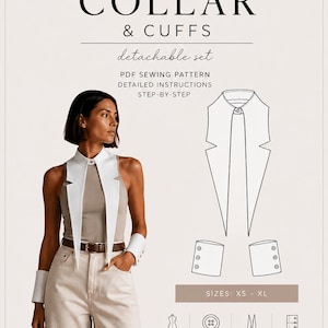 May include: A digital sewing pattern for a detachable collar and cuffs set by Studio Mani D'Oro. The design features a long, pointed collar with a one-button closure and cuffs with three buttons. Includes instructions for sizes XS through XL.