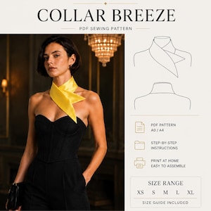 May include: A PDF sewing pattern titled Collar Breeze by Studio Mani D'Oro. The image displays a yellow neck scarf, a black strapless corset top, and technical line drawings of a collar. It includes icons for A0/A4 formats, instructions, and a size range from XS to XL.