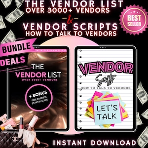 May include: A digital product bundle with the text "THE VENDOR LIST OVER 3000+ VENDORS" and "VENDOR SCRIPTS HOW TO TALK TO VENDORS". The image includes a "BUNDLE DEALS" banner, a "BEST SELLER" badge, and the words "LET'S TALK".