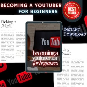 May include: A digital graphic promoting a guide titled "Becoming a Youtuber 101 for Beginners." The image features a tablet displaying the YouTube logo and text, along with the words "Best Seller" and "Instant Download."
