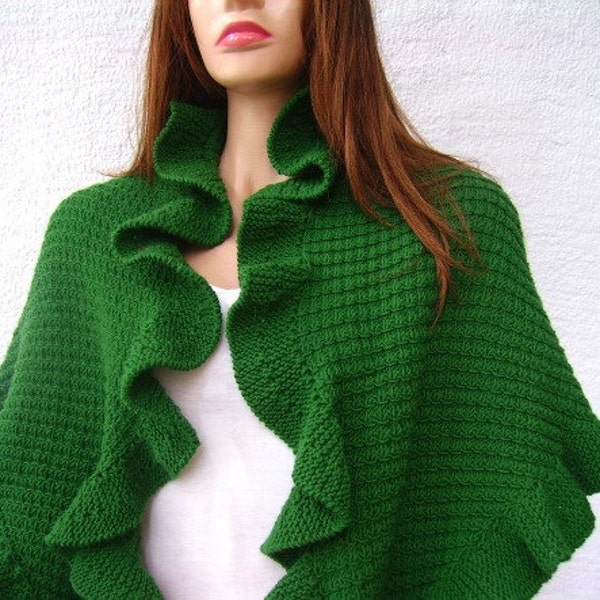 Forest Green Cashmere Kate Middleton Three Sides Ruffled Cute Shawl, Handknit, Ready to Ship, Express Delivery