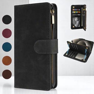 Funda de piel tipo cartera con cremallera para múltiples tarjetas y función atril para iPhone 6s a 16 Pro Max (Plus, Mini, SE, XR, XS)