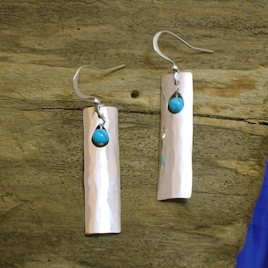 Silver and Turquoise Earrings, Sterling silver jewellery, Hammered Silver Earrings, Handmade, Turquoise, Planished silver jewellery.