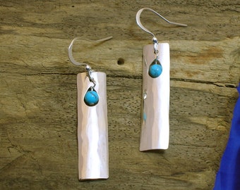 Silver and Turquoise Earrings, Sterling silver jewellery, Hammered Silver Earrings, Handmade, Turquoise, Planished silver jewellery.