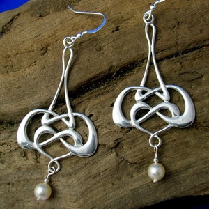 Art Nouveau Silver Earrings, Sterling Silver Celtic Earrings, Handmade, Silver and Pearl, large drop earrings, Silver jewellery, Gift.