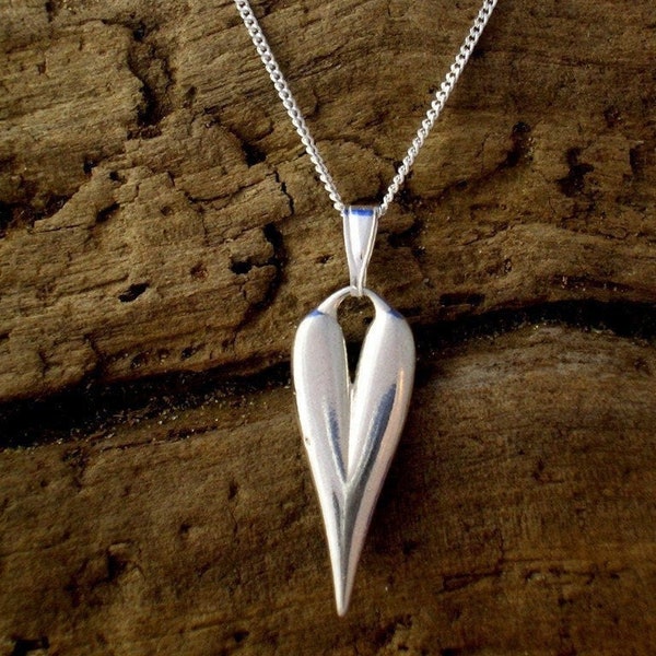 Silver Heart Necklace, Sterling silver Heart Pendant, Handmade, Heart Jewellery, Long Heart, Romantic gift, Gift for her, Silver jewellery.