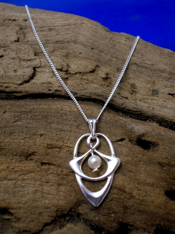 Handmade Sterling Silver Art Nouveau Pendant, Celtic Silver and Pearl Necklace