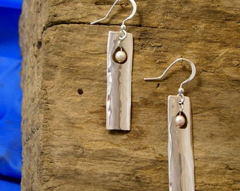 Silver and Pearl Earrings, Hammered Silver and Pearl Earrings, Handmade, Amethyst, Tiger Eye, Turquoise, Black Onyx, Bridal Gift.