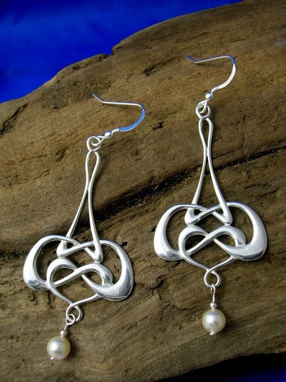 Art Nouveau Earrings Sterling Silver Celtic Earrings Handmade Silver and Pearl large drop earrings 925 silver Bridal Gift