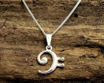 Sterling Silver Bass Clef Pendant Necklace: Handmade Music Necklace. Gift for Musician