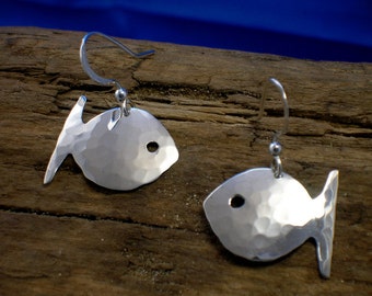 Fish Earrings, Sterling Silver, Fish Jewellery, Handmade, Silver fish, Hammered Silver, Fishing jewellery, Drop Earrings, Animal Jewellery,