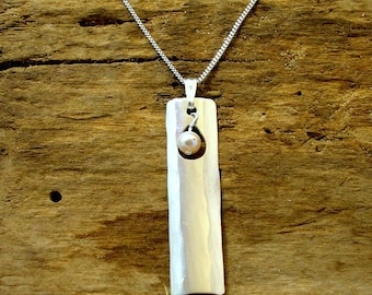 Hammered Sterling Silver and Pearl Pendant: Handmade Planished Silver Necklace.