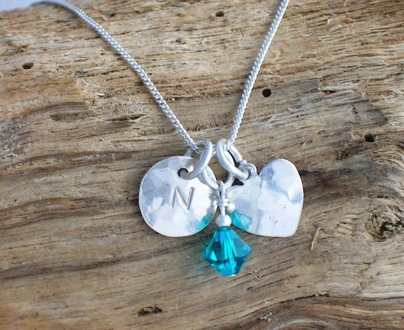 Sterling Silver Handmade Initial Necklace: Hammered Heart Birthstone  Pendant