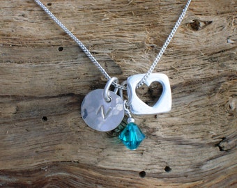 Sterling Silver Initial Heart Pendant Necklace: Crystal Birthstone