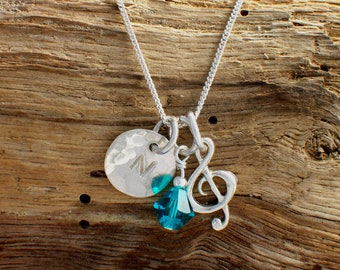 Sterling Silver Treble Clef Necklace: Personalised Initial & Birthstone Pendant