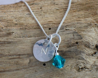 Sterling Silver Initial Necklace: December Birthstone Pendant, Handmade