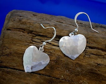Silver Heart Earrings, Heart Jewellery, Handmade, Hammered Silver, Medium Hearts, Valentine Gifts, Romantic Gift, Planished Silver