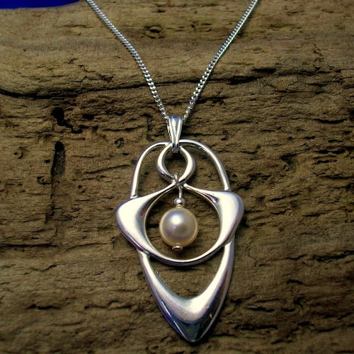 Art Nouveau Sterling Silver and  Pearl Necklace,  Handmade Silver Celtic Pendant