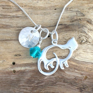 Sterling Silver Personalised Art Nouveau Cat Necklace: Handmade Initial & Birthstone Pendant