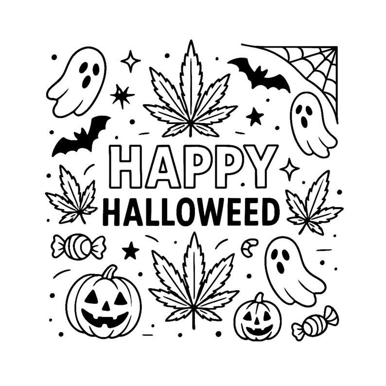 Halloweed Vibes – Printable Stoner Halloween Coloring Book for Adults with Cannabis Art and Pumpkins (Digital Download)