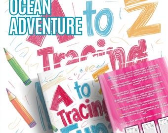 May include: An educational book titled "A to Tracing Fun" with the text "Ocean Adventure" and the letters A to Z. The book features tracing pages and coloring images for early learners. Pencils in green and orange are in the image.