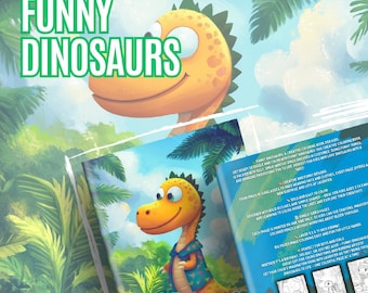 Puede incluir: Un libro para colorear para niños titulado "Funny Dinosaurs" con una ilustración de dinosaurio de dibujos animados. La portada muestra un dinosaurio sonriente con una camisa. El fondo incluye hojas de palma y el texto "Funny Dinosaurs".