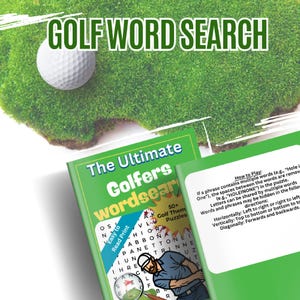 Könnte beinhalten: Ein grünes und weißes Golf-Wortsuchrätselbuch mit dem Titel "The Ultimate Golfers Wordsearch". Das Cover zeigt einen Golfball und den Text "GOLF WORD SEARCH". Das Buch enthält Anweisungen und über 50 Golf-Themen-Rätsel.