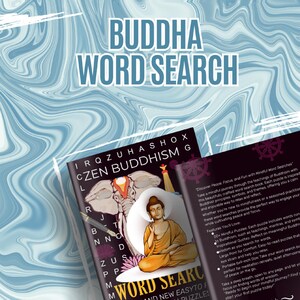 Pode incluir: Um livro intitulado "Buddha Word Search" com uma imagem de Buda e um elefante. A capa apresenta o texto "Czen Buddhism" e uma sopa de letras. O fundo é um padrão azul e branco em redemoinho.